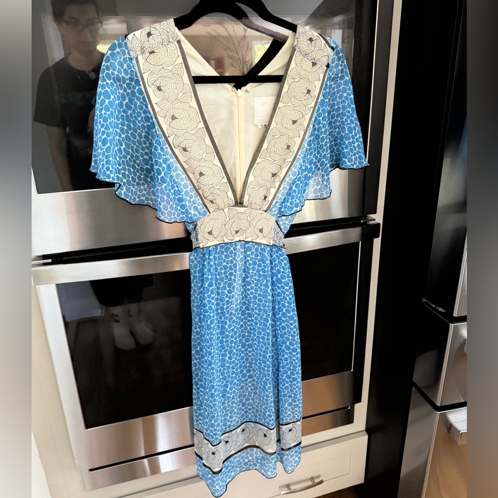 Vintage Anna Sui Blue and White flutter sleeve midi Dress